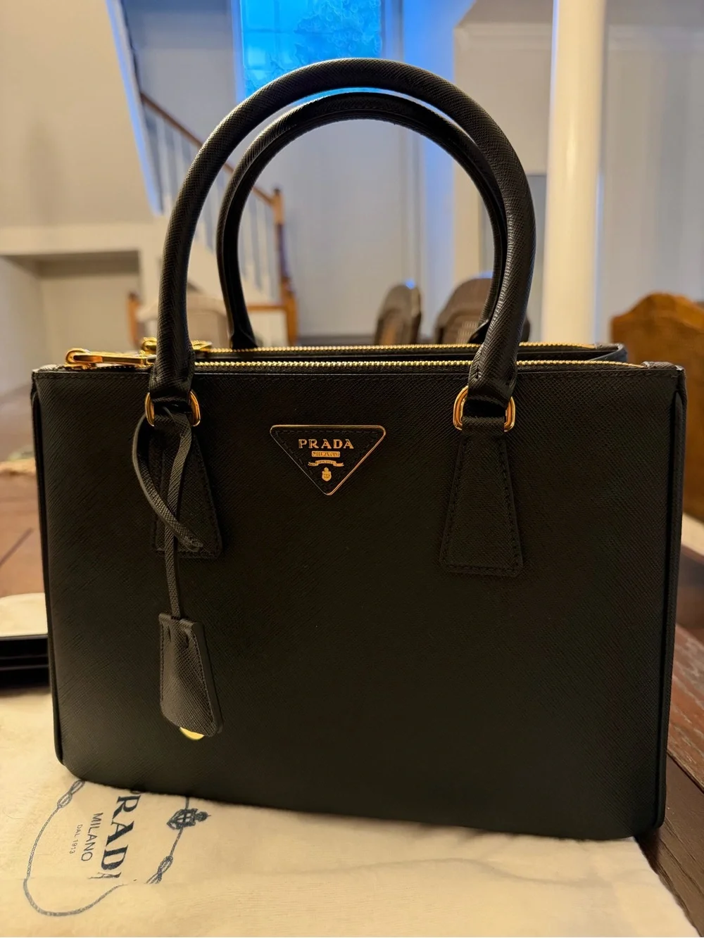 Prada Black Saffiano Leather Double-Compartment Satchel with Gold Hardware